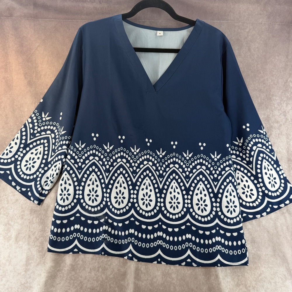 Navy Blue White Boho Border Print V-Neck Tunic Top 3/4 Bell Sleeve XL Peasant